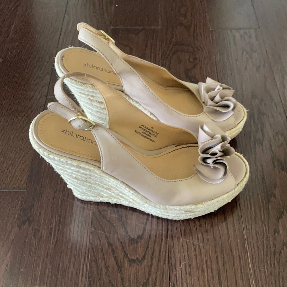 Blush pink patent platforms